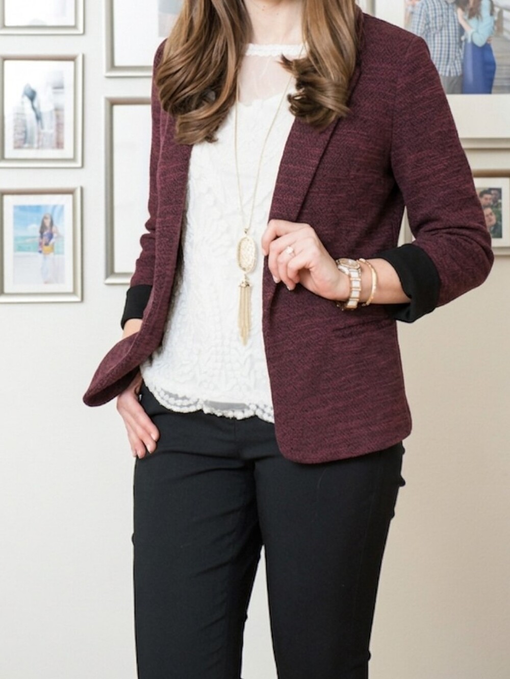 Skies Are Blue Burgundy Asa Textured Rolled Cuffs Open Front Blazer Size XS